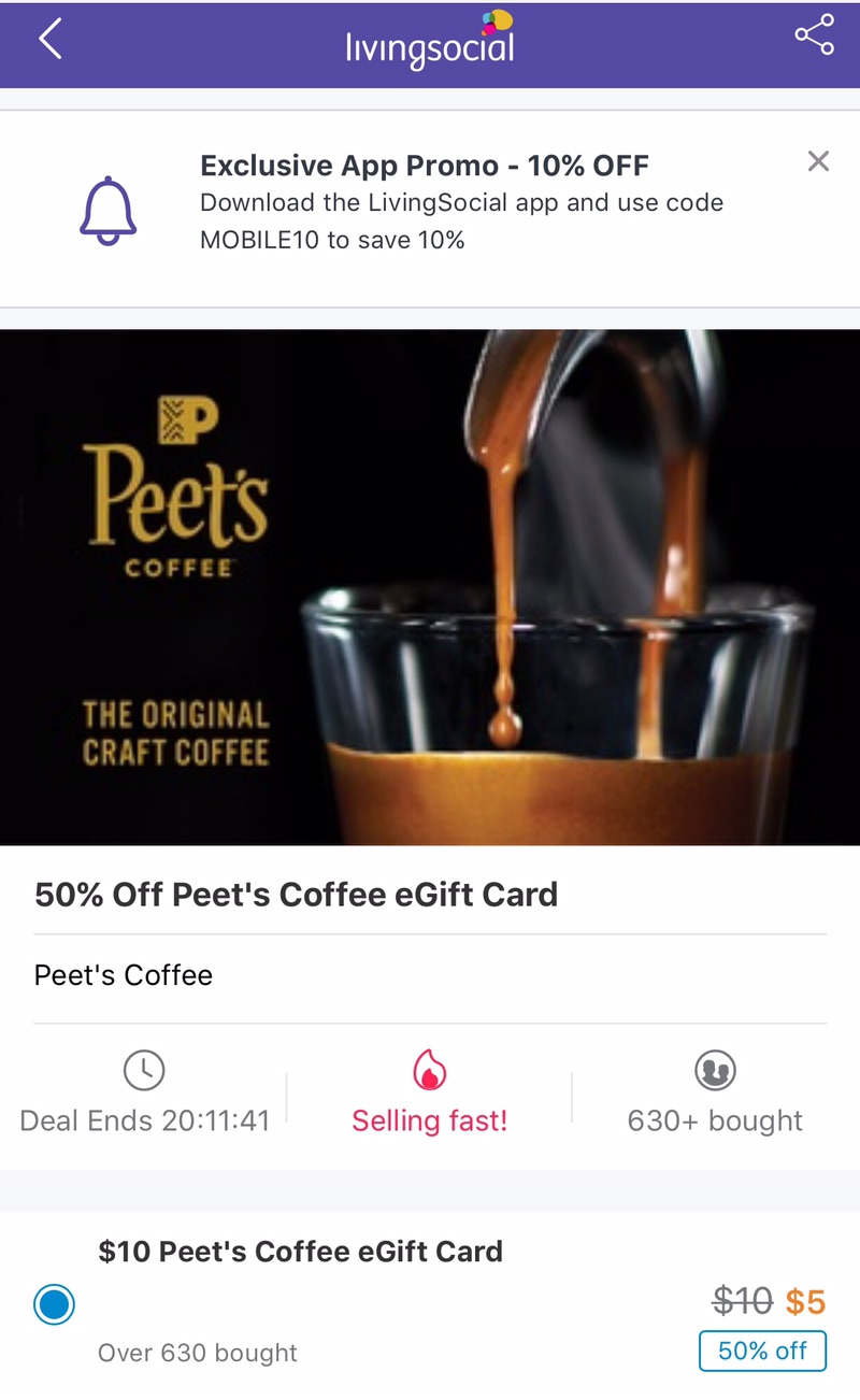 Peet's Coffee $10 礼卡