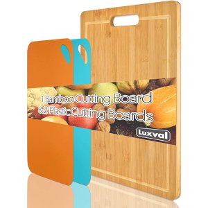 Extra Large Organic Bamboo Cutting Board and 2 Colored Plastic Flexible Cutting Mats