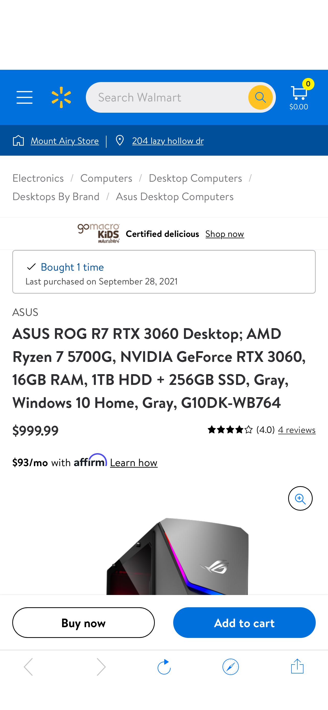 ASUS ROG R7 RTX 3060 Desktop; AMD Ryzen 7 5700G, NVIDIA GeForce RTX 3060, 16GB RAM, 1TB HDD + 256GB SSD, Gray, Windows 10 Home, Gray, G10DK-WB764 - Walmart.com华硕