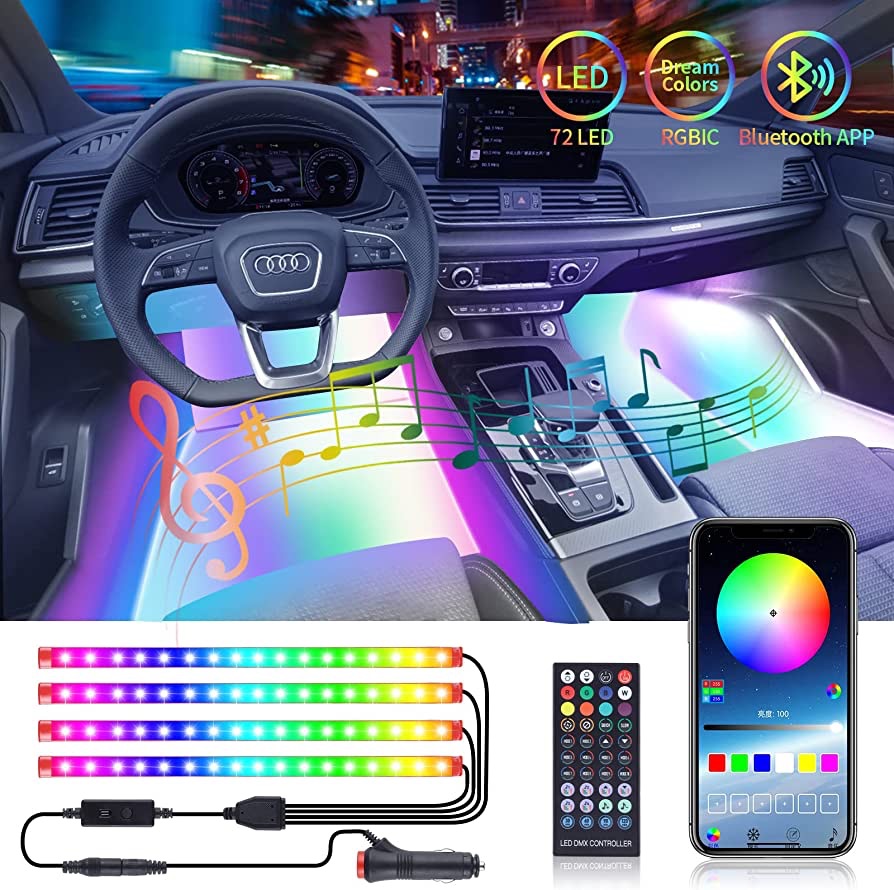汽车 LED 灯，RGBIC 车内灯 72Leds 1600 万色 RGB 颜色，蓝牙应用程序控制，汽车照明仪表板下的音乐同步