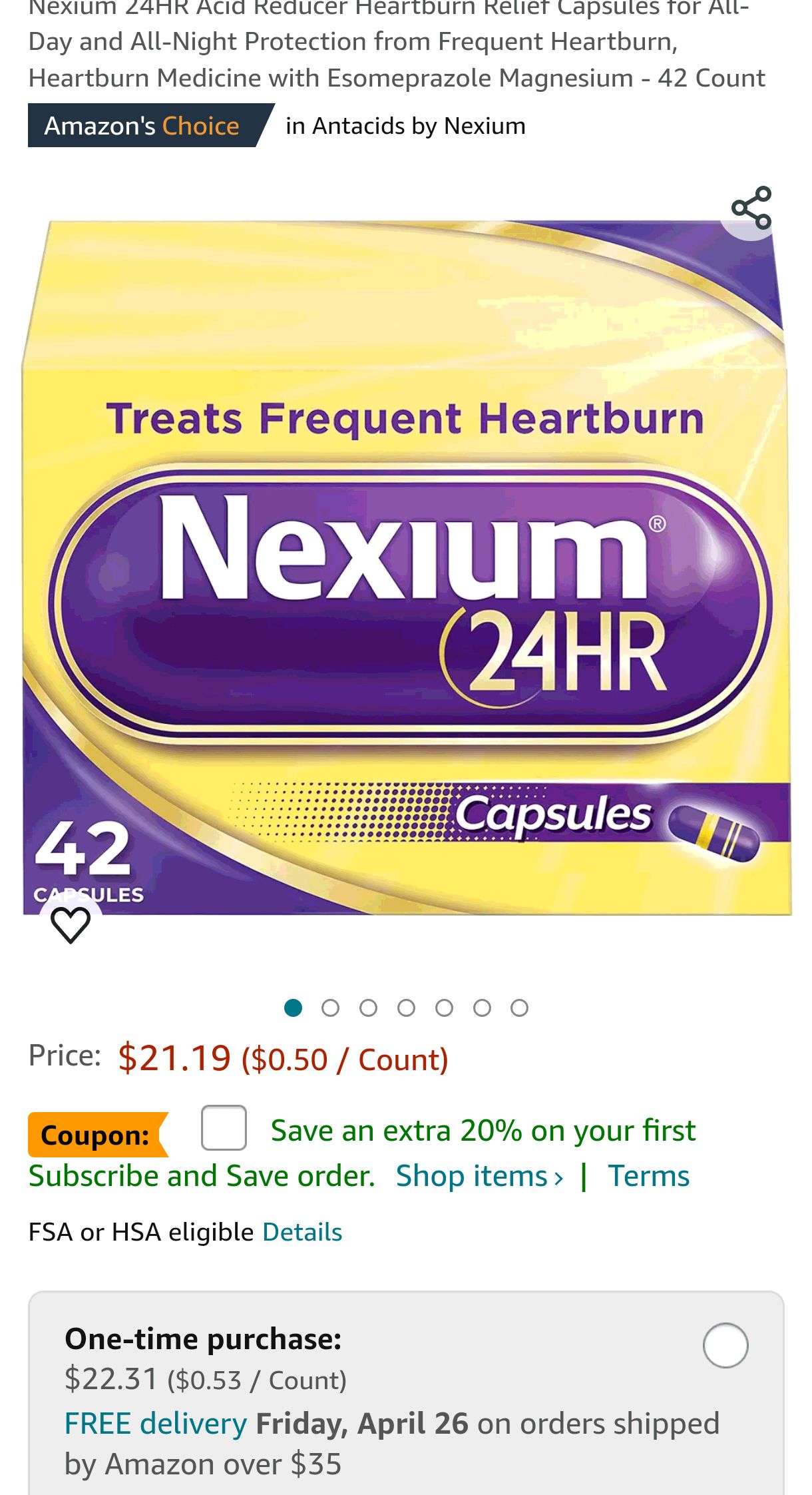 Nexium 24HR Acid Reducer Heartburn Relief Capsules for All-Day and All-Night Protection from Frequent Heartburn, Heartburn Medicine with Esomeprazole Magnesium - 42 Count : Health & Household