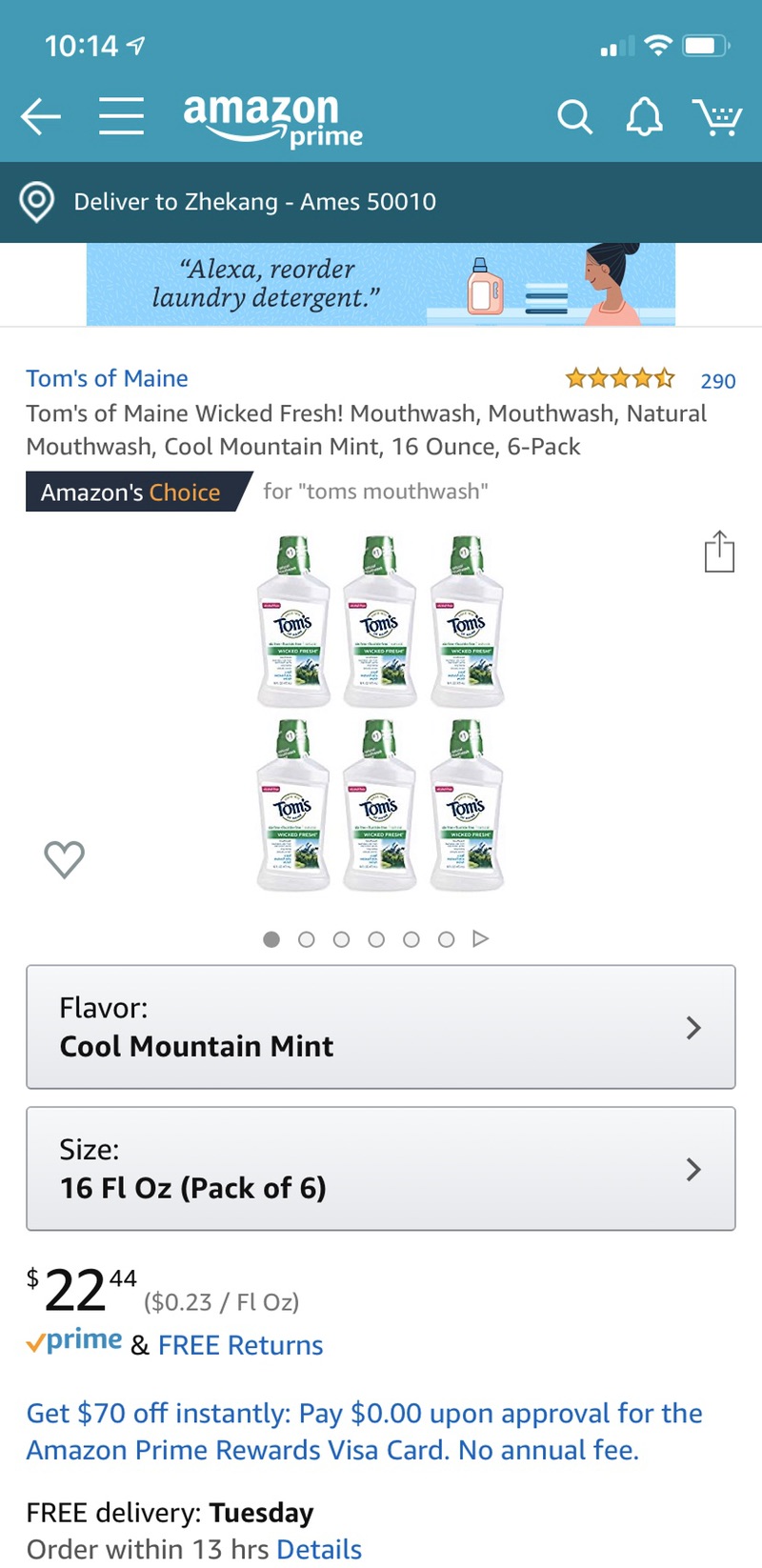 Amazon.com : Tom's of Maine Wicked Fresh! Mouthwash, Mouthwash, Natural Mouthwash, Cool Mountain Mint, 16 Ounce, 6-Pack : Beauty 缅因州汤姆漱口水（6瓶）