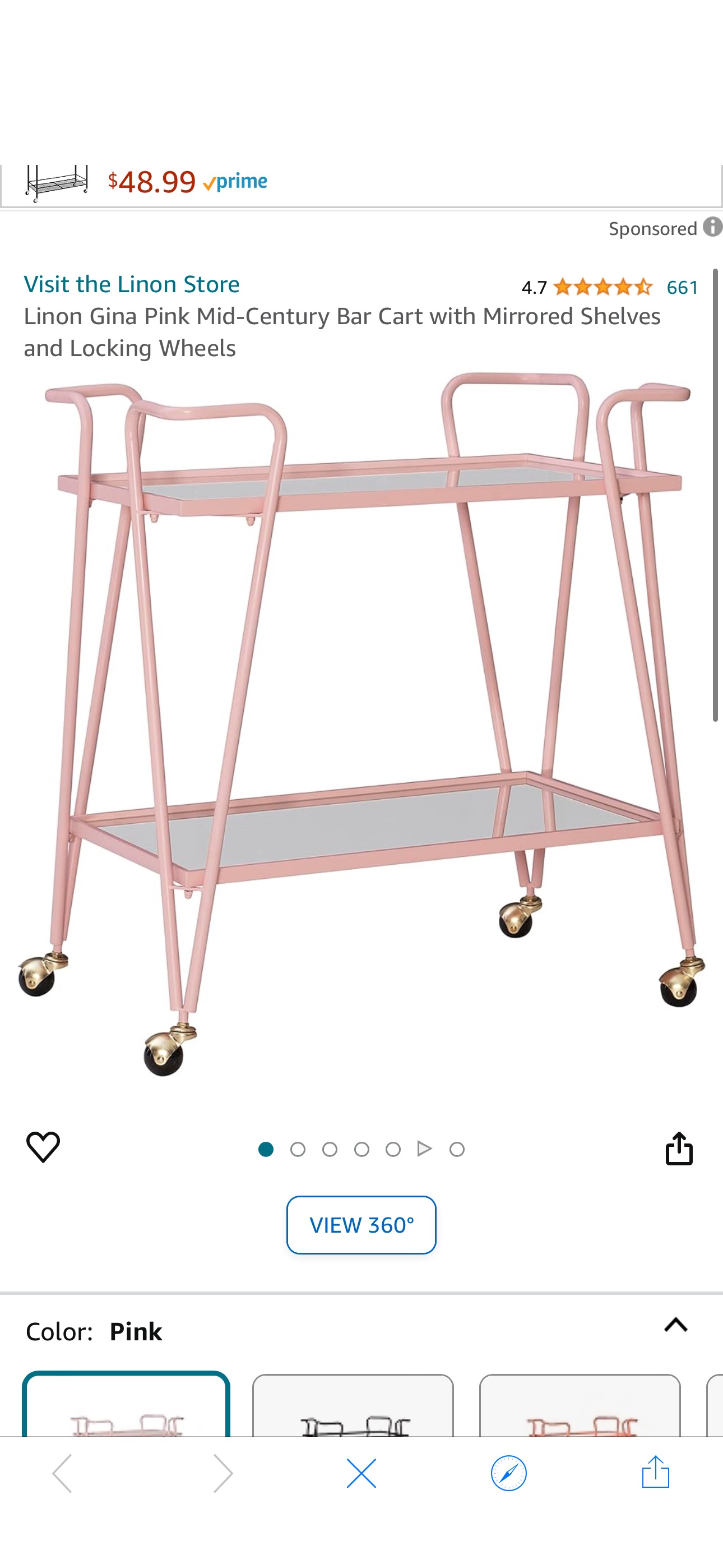 Amazon.com: Linon Gina Pink Mid-Century Bar Cart with Mirrored Shelves and Locking Wheels : Home & Kitchen