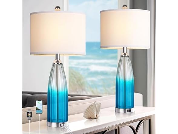AUZONIMICS Blue Glass Table Lamps, Set of 2