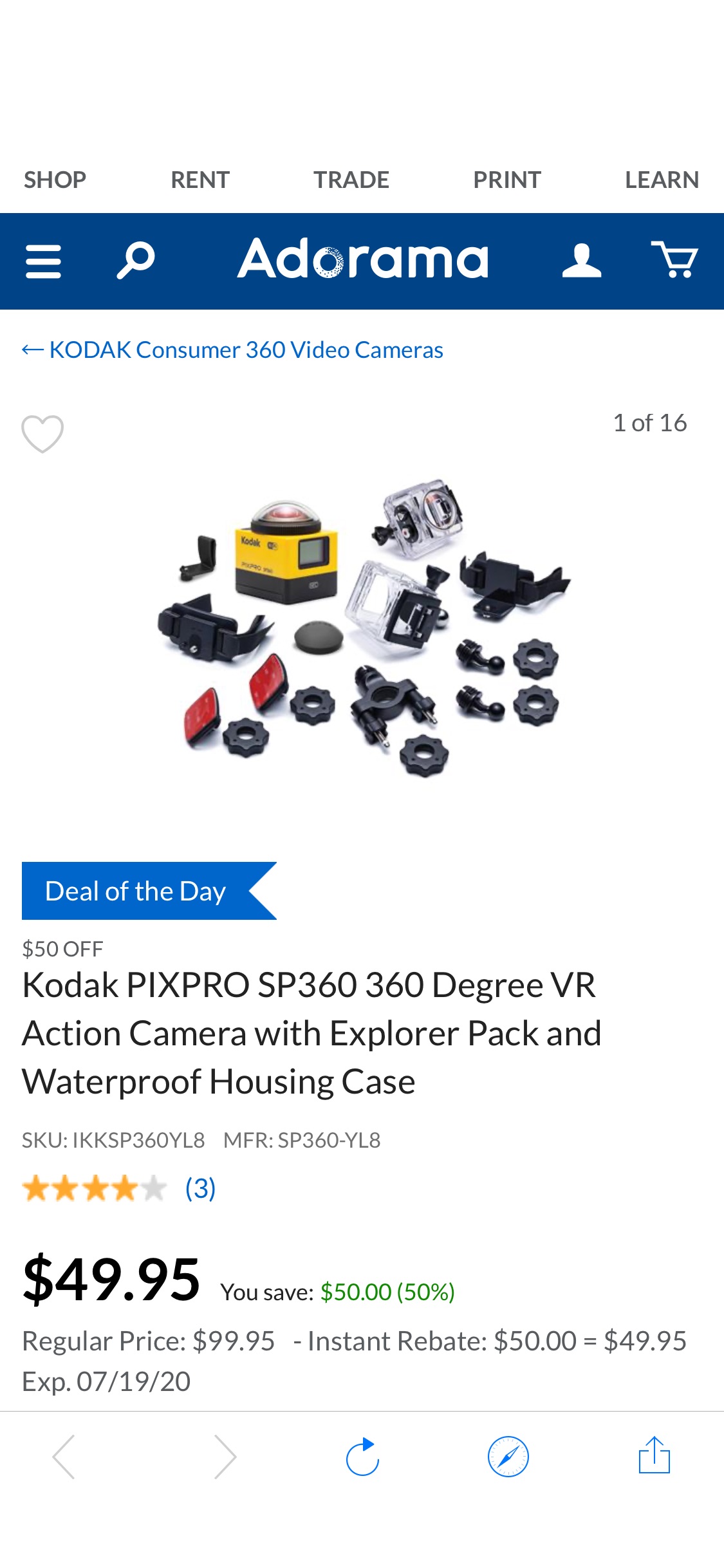 柯达运动防水相机及配件和防水外壳Kodak PIXPRO SP360 360 VR Action Camera -Explorer Pack & Waterproof Housing Case SP360-YL8