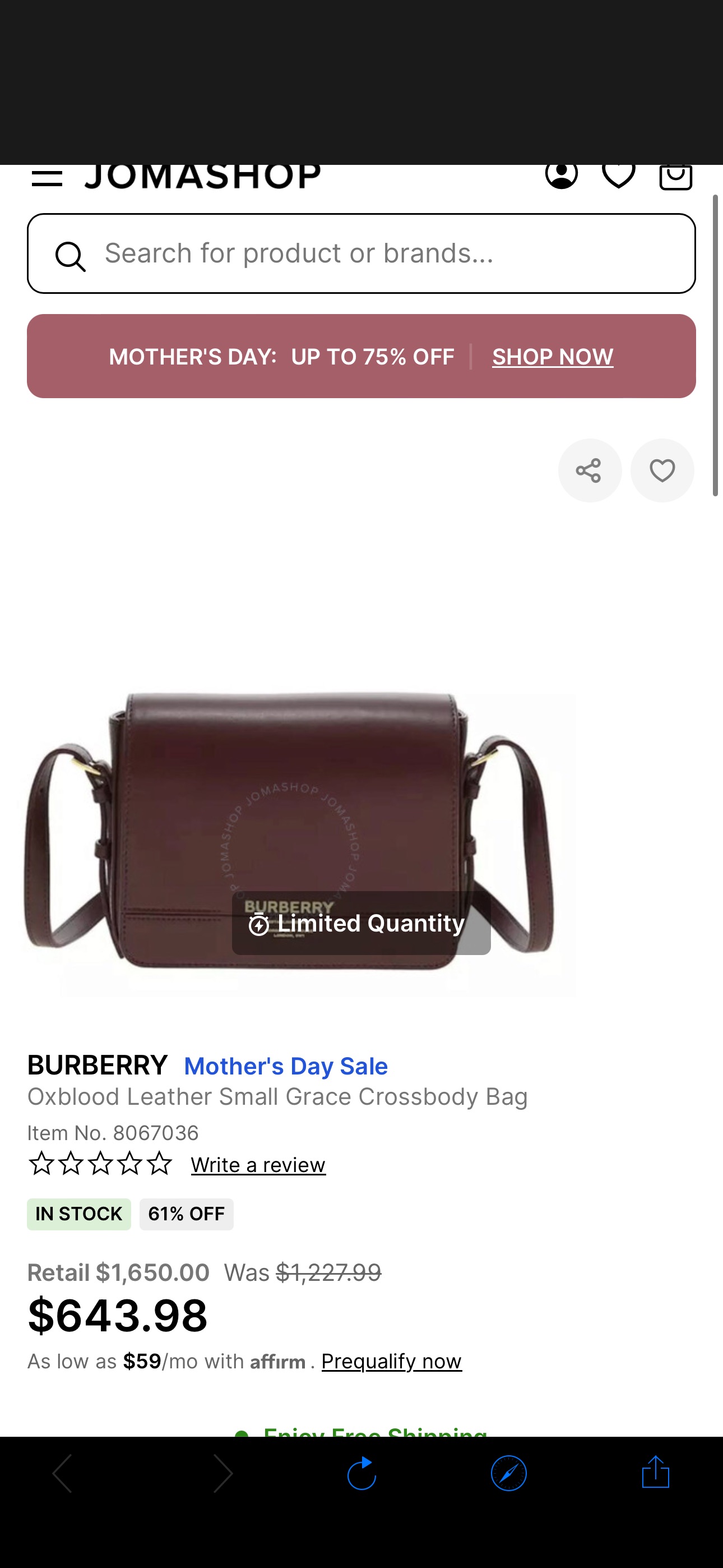 Burberry Oxblood Leather Small Grace Crossbody Bag 8067036 5045701232843 - Handbags - Jomashop