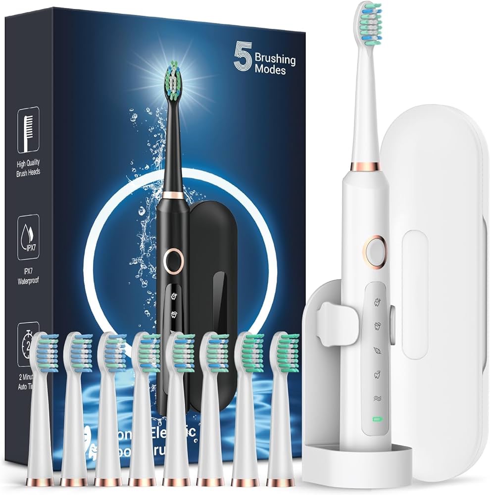 Amazon.com: Sonic Electric Toothbrush for Adults - Rechargeable Electric Toothbrushes with 8 Brush Heads & Travel Case,Teeth Whitening , Power Electric Toothbrush with Holder, 3 Hours Charge for 120 D