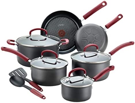 Amazon.com: Rachael Ray - 87630 Rachael Ray Cucina Hard Anodized Nonstick Cookware Pots and Pans Set, 12 Piece, Gray with Red Handles: Home & Kitchen