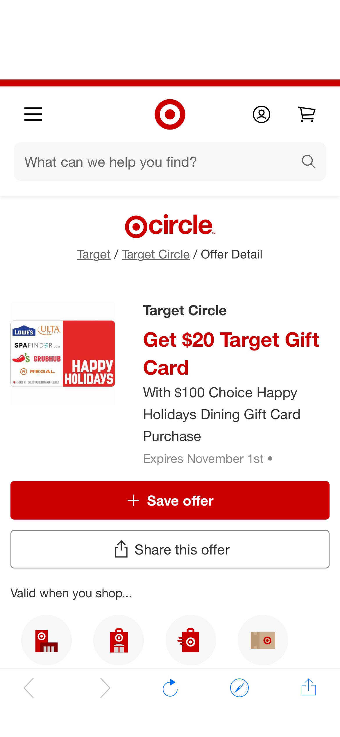 Target happy holidays dinning gift card买100，送20target礼卡