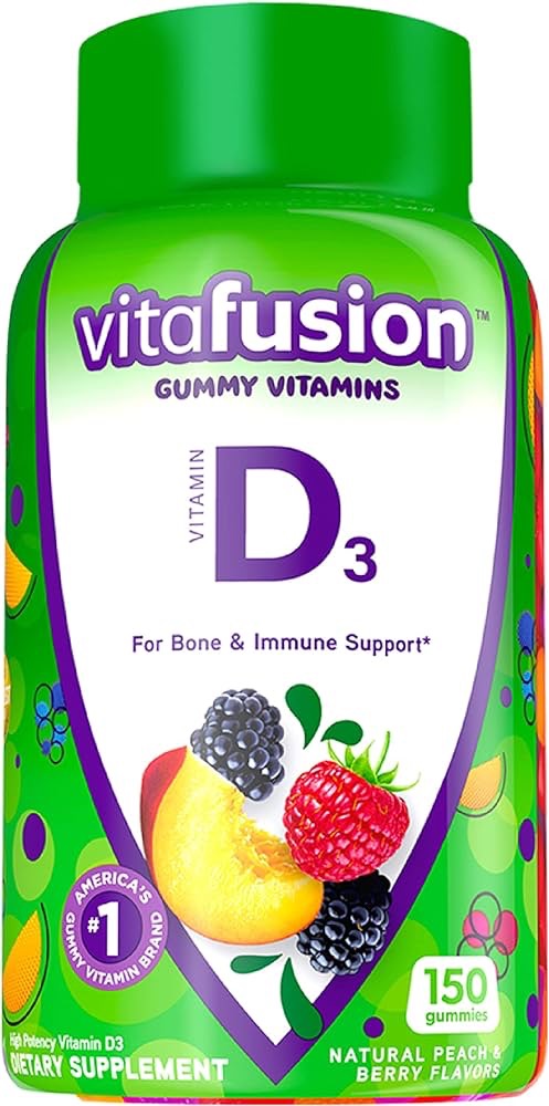 Amazon.com: Vitafusion Vitamin D3 Gummy Vitamins for Bone and Immune System Support, Peach, Blackberry and Strawberry Flavored, 50 mcg Vitamin D, 75 Day Supply, 150 Count : Vitafusion: Health & Househ