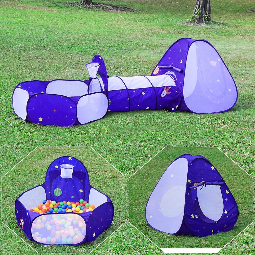 Homfu三合一可折叠Pop up Kids Play Tent with Tunnel Ocean Ball Pit Pool with Basket Hoop for Toddler