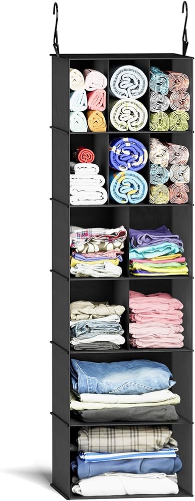 Amazon.com: SUOCO 悬挂式衣柜整理架和储物架，带隔板，12 个隔间衣服鞋子配件架子，适用于衣柜、育儿室、衣帽间或房车，黑色，1 个装…：