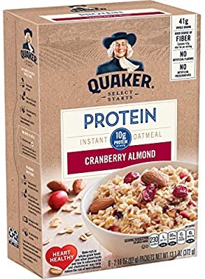 Amazon.com: Quaker Protein Instant Oatmeal, Cranberry Almond, 10g Protein, Individual Packets, 36 Count麦片