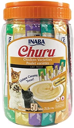 Amazon.com : INABA Churu Cat Treats, Grain-Free, Lickable, Squeezable Creamy Purée Cat Treat/Topper with Vitamin E & Taurine, 0.5 Ounces Each Tube, 50 Tubes, Chicken Variety : Pet Supplies