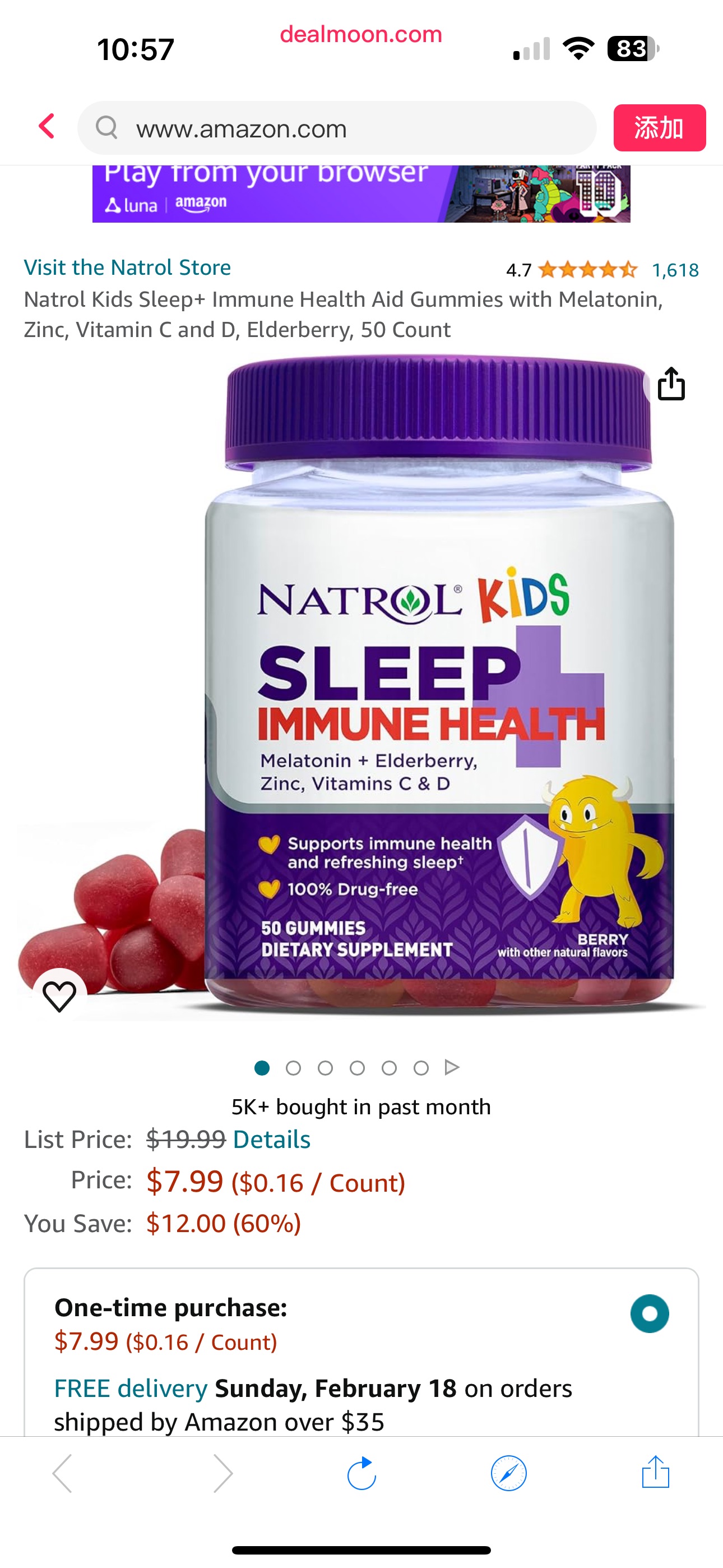 Amazon.com: Natrol Kids儿童褪黑素 再添加各种维生素 Sleep+ Immune Health Aid Gummies with Melatonin, Zinc, Vitamin C and D, Elderberry, 50 Count : Health & Household