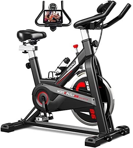 YONKFUL Exercise Bike Belt Drive Indoor Cycling Bike Adjustable Stationary Bicycle Home Gym Bike for Workout Cardio Bikes with Tablet Holder and Comfy Seat Cushion