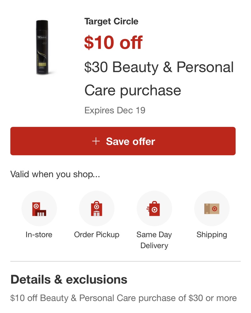 Target 美妆和个人护理产品满$30减$10