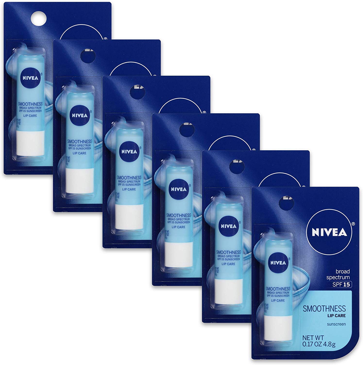 NIVEA Smoothness Lip Care SPF 15 0.17 Ounce Carded Pack (Pack of 6) 超滋潤補水保濕潤唇膏