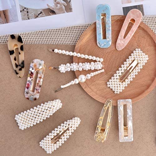 12 PCS Hingwah Pearl Hair Clips and Acrylic Resin Hair Barrettes, Marble Geometric Alligator Hair Bobby Pins, Fashion Party, Birthday, Wedding Gifts- Gold Hair Accessories for Women Girls