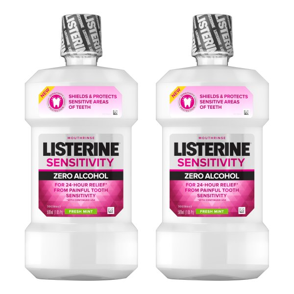 Listerine Sensitivity Zero Alcohol Mouthrinse, Fresh Mint, 500 Ml (2 Pack)