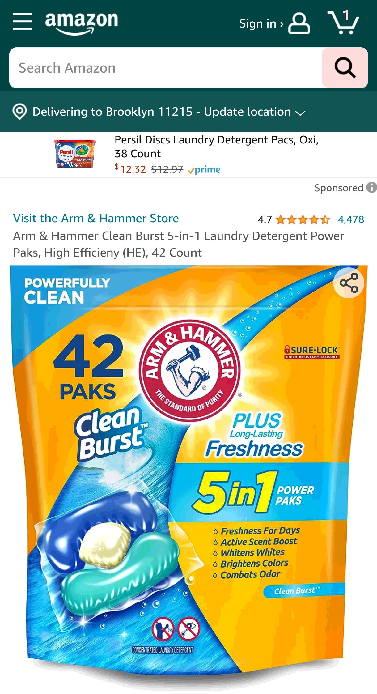 Arm & Hammer Clean Burst 5-in-1 Laundry Detergent Power Paks, High Efficieny (HE), 42 Count : Health & Household