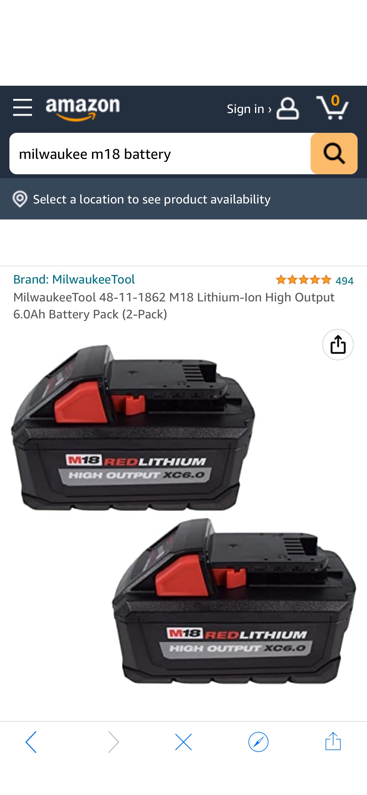 Amazon.com: MilwaukeeTool 48-11-1862 M18 Lithium-Ion High Output 6.0Ah Battery Pack (2-Pack)