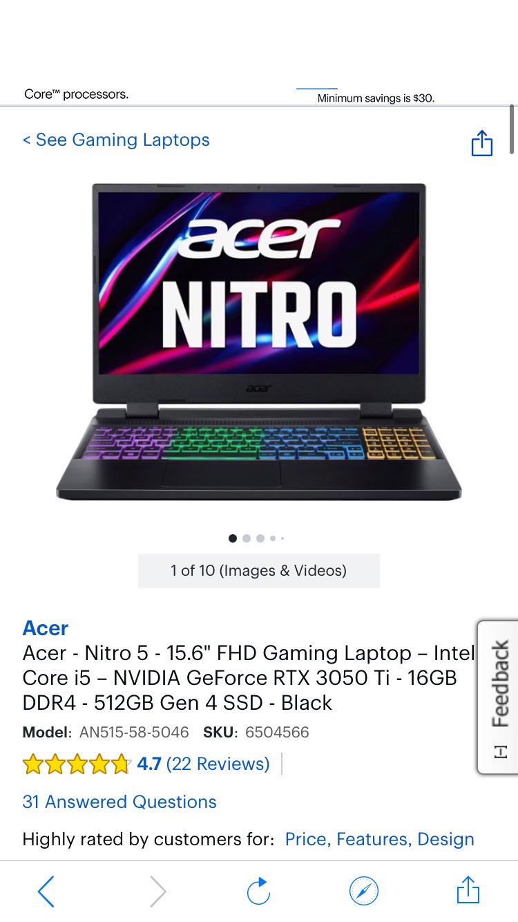 Acer Nitro 5 15.6" FHD Gaming Laptop – Intel Core i5 – NVIDIA GeForce RTX 3050 Ti 16GB DDR4 512GB Gen 4 SSD Black AN515-58-5046 - Best Buy