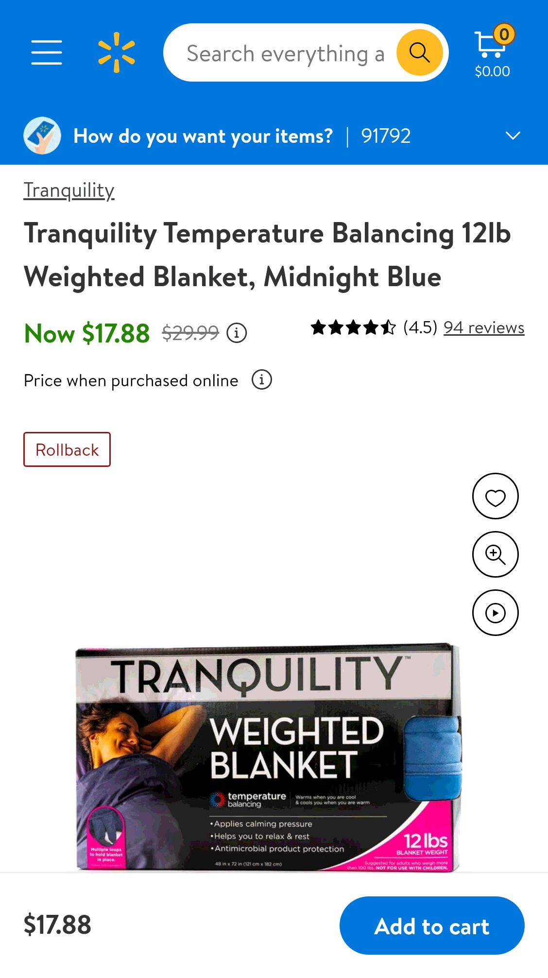 Tranquility Temperature Balancing 12lb Weighted Blanket, Midnight Blue - 重力毯 双色可选