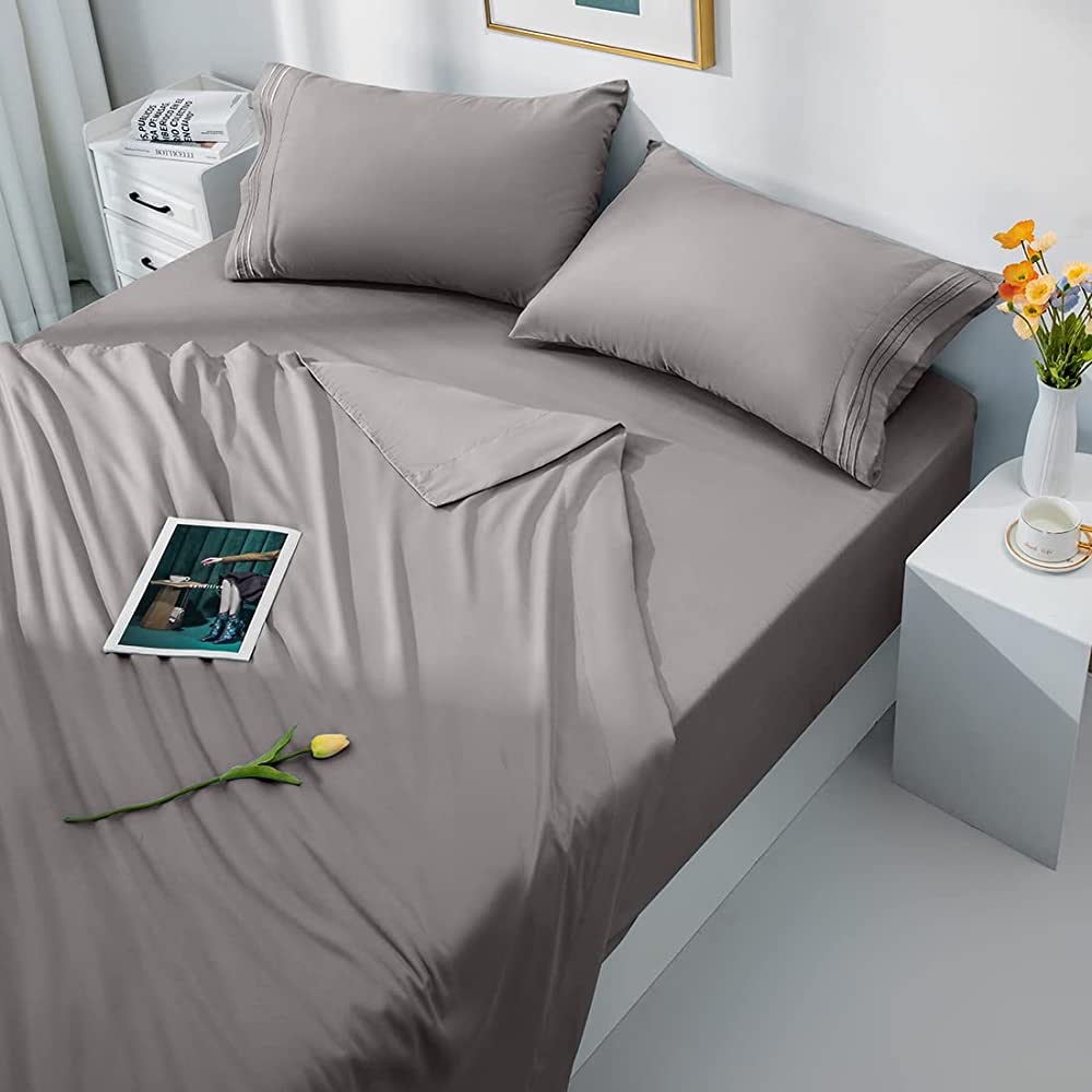 LBRO2M Bed Sheet Set King Size 16 Inches Deep Pocket 1800 Thread Count 100% Microfiber Sheet,Bedding Super Soft Comforterble,Cool Warm,4 Piece（Grey）King尺码床单四件套