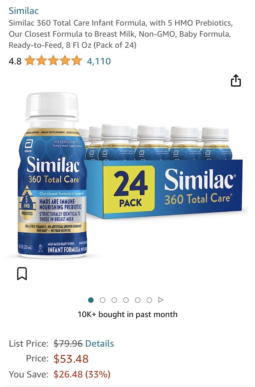 Amazon.com: Similac 360 Total Care Infant Formula, with 5 HMO Prebiotics, Our Closest Formula to Breast Milk, Non-GMO, Baby Formula, Ready-to-Feed, 8 Fl Oz (Pack of 24) : Books
