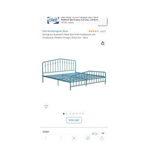 $132 Amazon.com: Novogratz Bushwick Metal Bed with Headboard and Footboard | Modern Design | King Size - Blue : Home & Kitchen