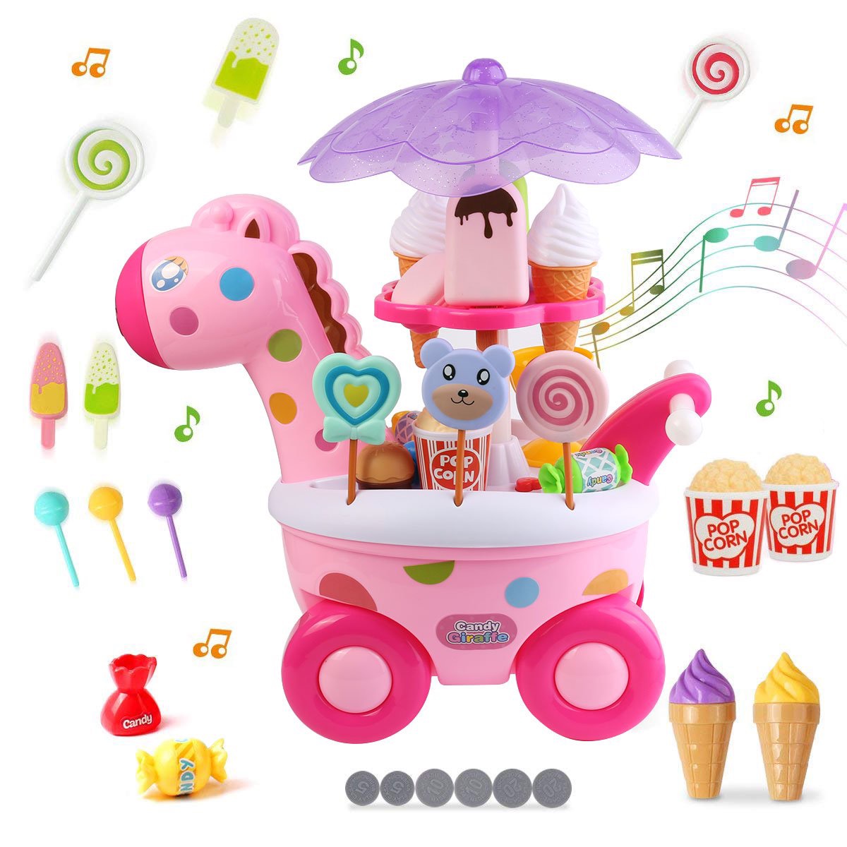 Mini Rotary Ice Cream Candy Cart with Light and Music, Pretend Play Food Selling Cart Toy Sets for Toddlers Boys Girls - Walmart.com - Walmart.com冰淇淋车
