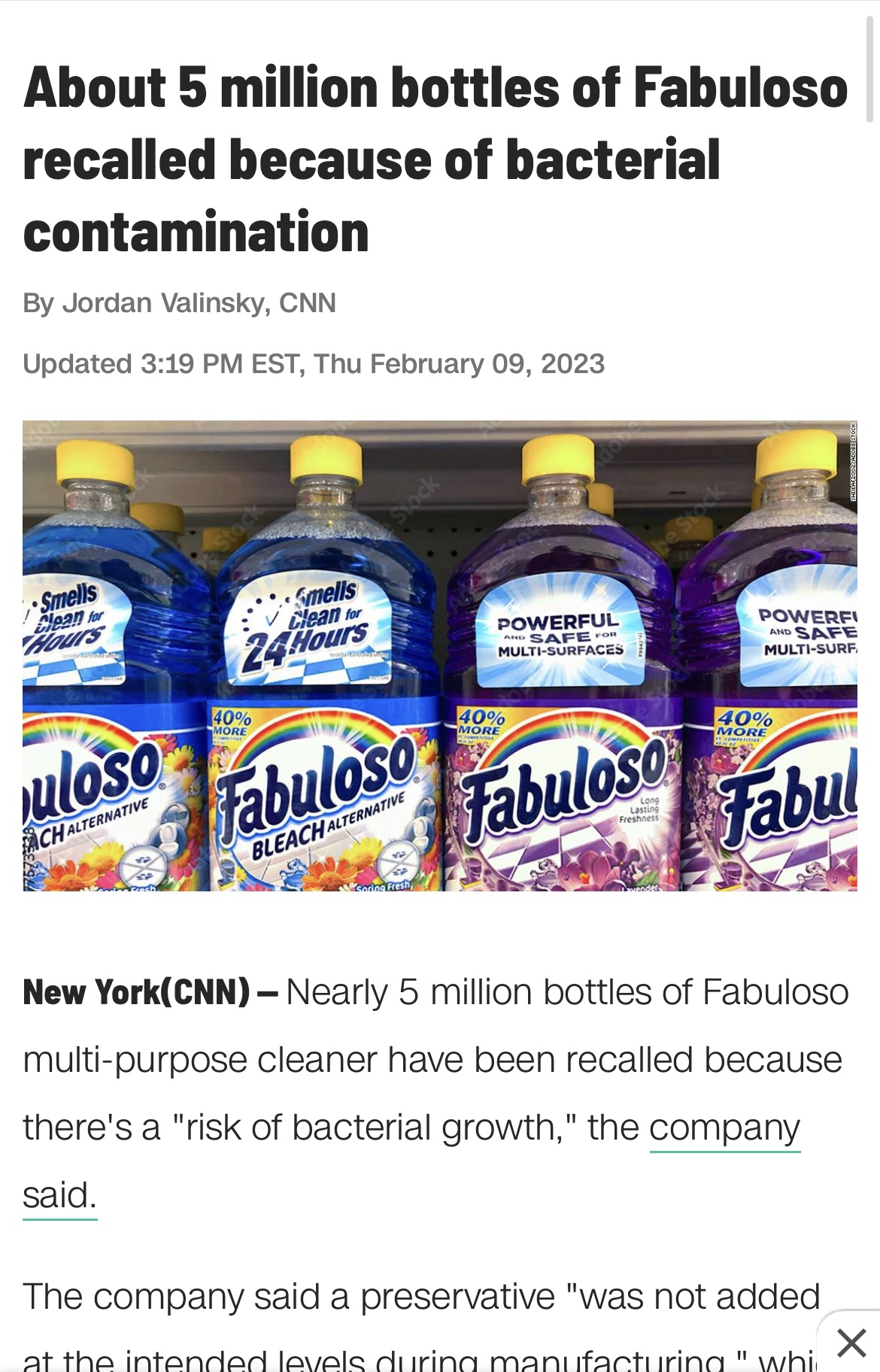 超500万瓶Fabuloso multi-purpose cleaner被召回 可能细菌超标