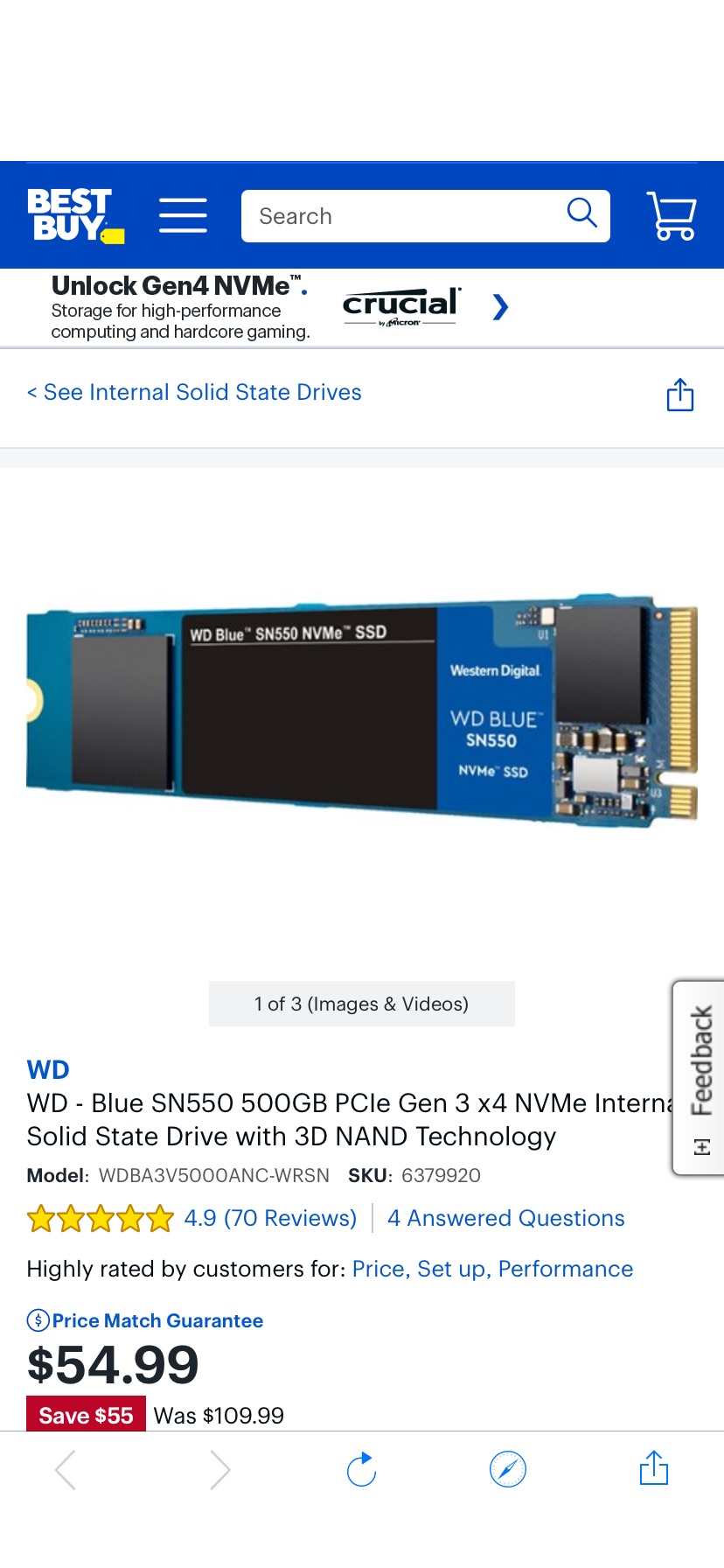 内部驱动器固態硬碟 WD Blue SN550 500GB PCIe Gen 3 x4 NVMe Internal Solid State Drive with 3D NAND Technology WDBA3V5000ANC-WRSN - Best Buy