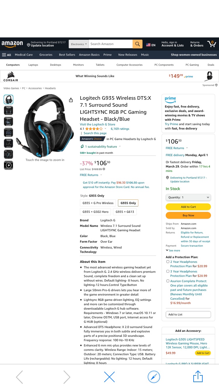 Amazon.com: Logitech G935 Wireless DTS:X 7.1 Surround Sound LIGHTSYNC RGB PC Gaming Headset - Black/Blue : Everything Else