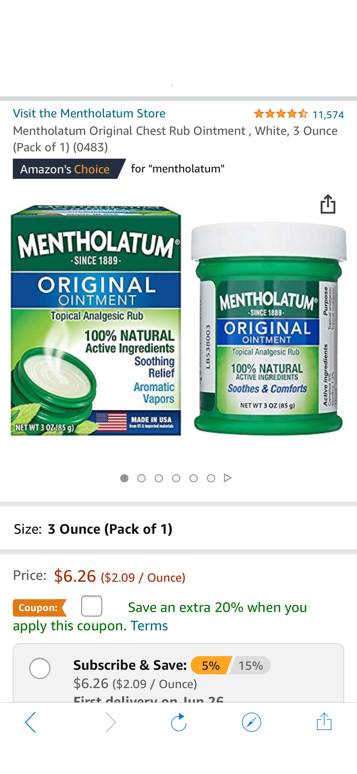Mentholatum Original Chest Rub Ointment , White, 3 Ounce (Pack of 1) (0483) 薄荷膏20%off