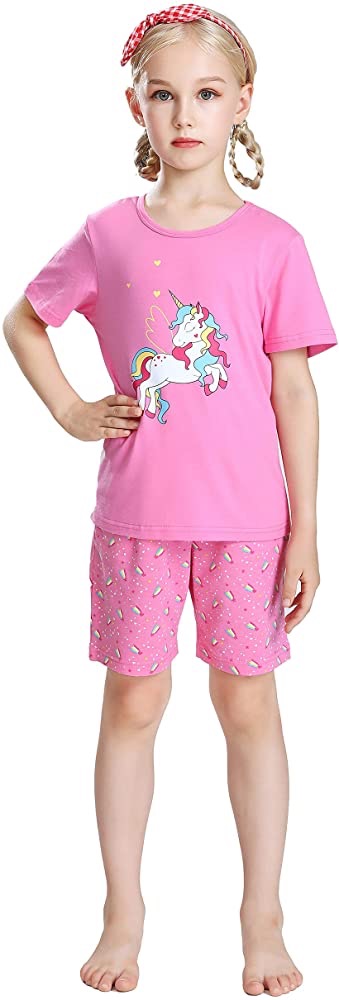 Amazon.com: SANQIANG Lightweight Unicorn Tee for Girls Quality Cotton 2Pcs Outfit Summer T-Shirt & Shorts r Size 4-12: Clothing三枪儿童睡衣