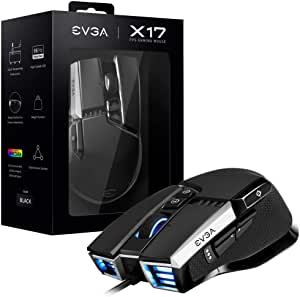 EVGA X17 游戏鼠标，有线，黑色，可定制，16,000 DPI，5 个配置文件，10 个按钮，符合人体工程学的 903-W1-17BK-KR