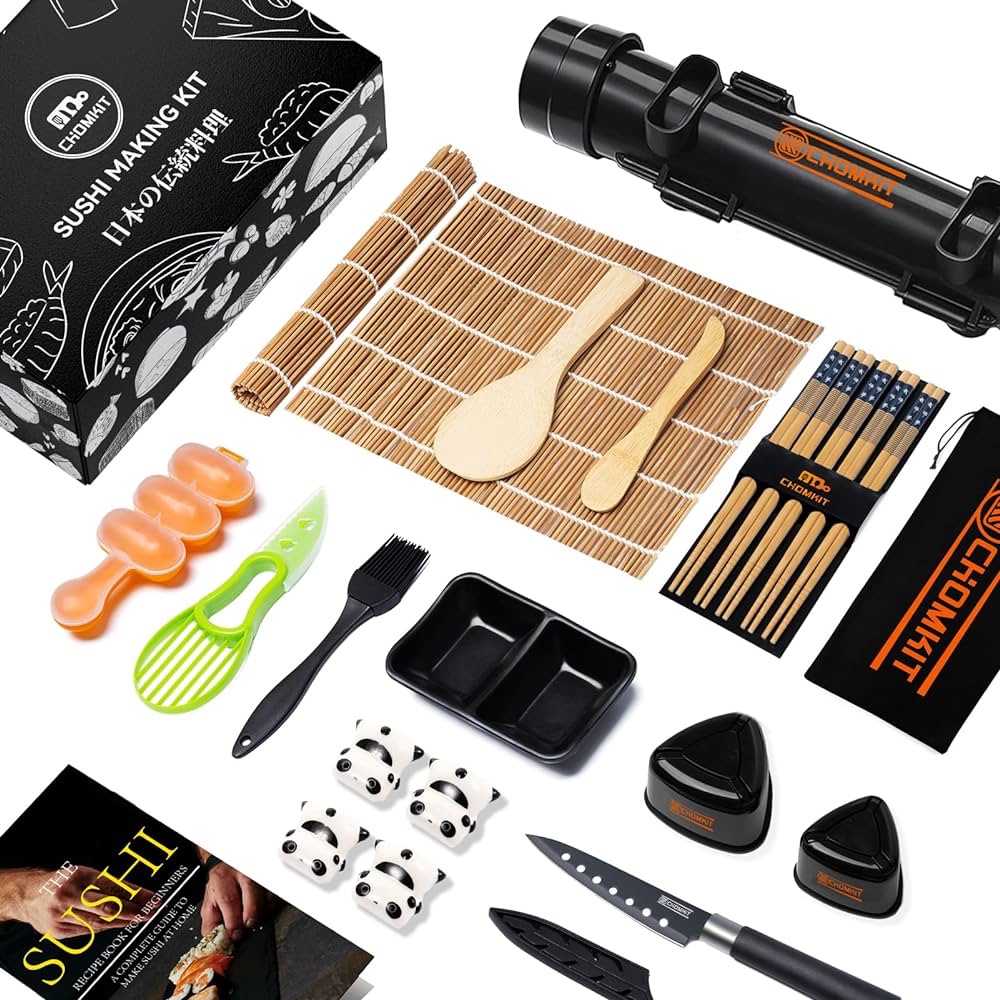 Amazon.com | CHOMKIT 初学者寿司制作套件，25 合 1 寿司火箭筒套件，含寿司垫、寿司模具、寿司刀、筷子（附指南手册）、豪华版儿童 DIY 寿司机：