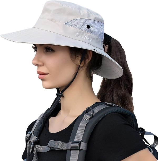 NPJY Ponytail Sun Hat Womens Men 3” Wide Brim UPF 50+ Fishing Beach Bucket Hats Grey