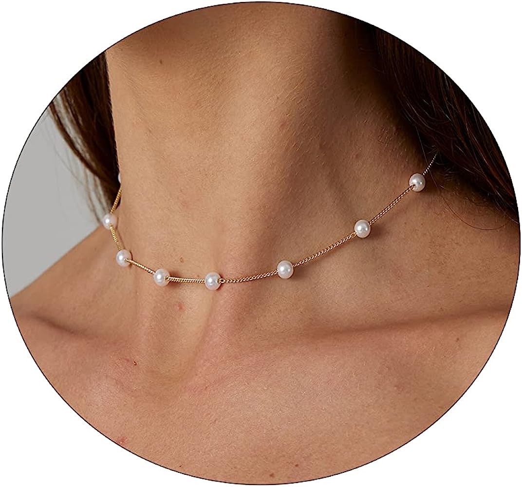 Amazon.com: CAROVO Dainty Pearl Choker Necklace for Women 14k Gold Plated Barque Pearl Chain Necklace Handmade Cultured Freshwater Pearl Everyday Jewelry for Gifts: Clothing, Shoes & Jewelry