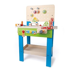 Amazon.com: Master Workbench by Hape | Award Winning Kid&#39;s Wooden Tool Bench Toy Pretend Play Creative Building Set, Height Adjustable 35Piece Workshop for Toddlers : Toys &amp; Games