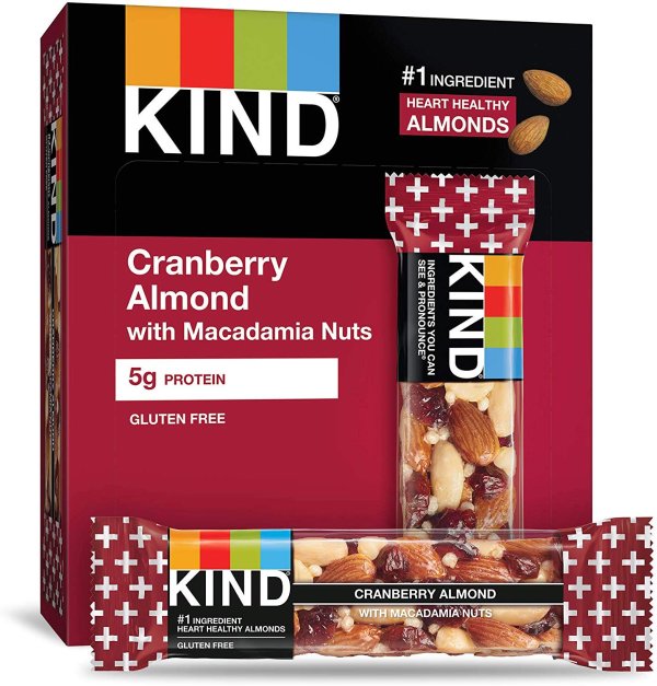 KIND Bars, Cranberry Almond + Antioxidants with Macadamia Nuts, Gluten Free, Low Sugar, 1.41 Ounce (12 Count)