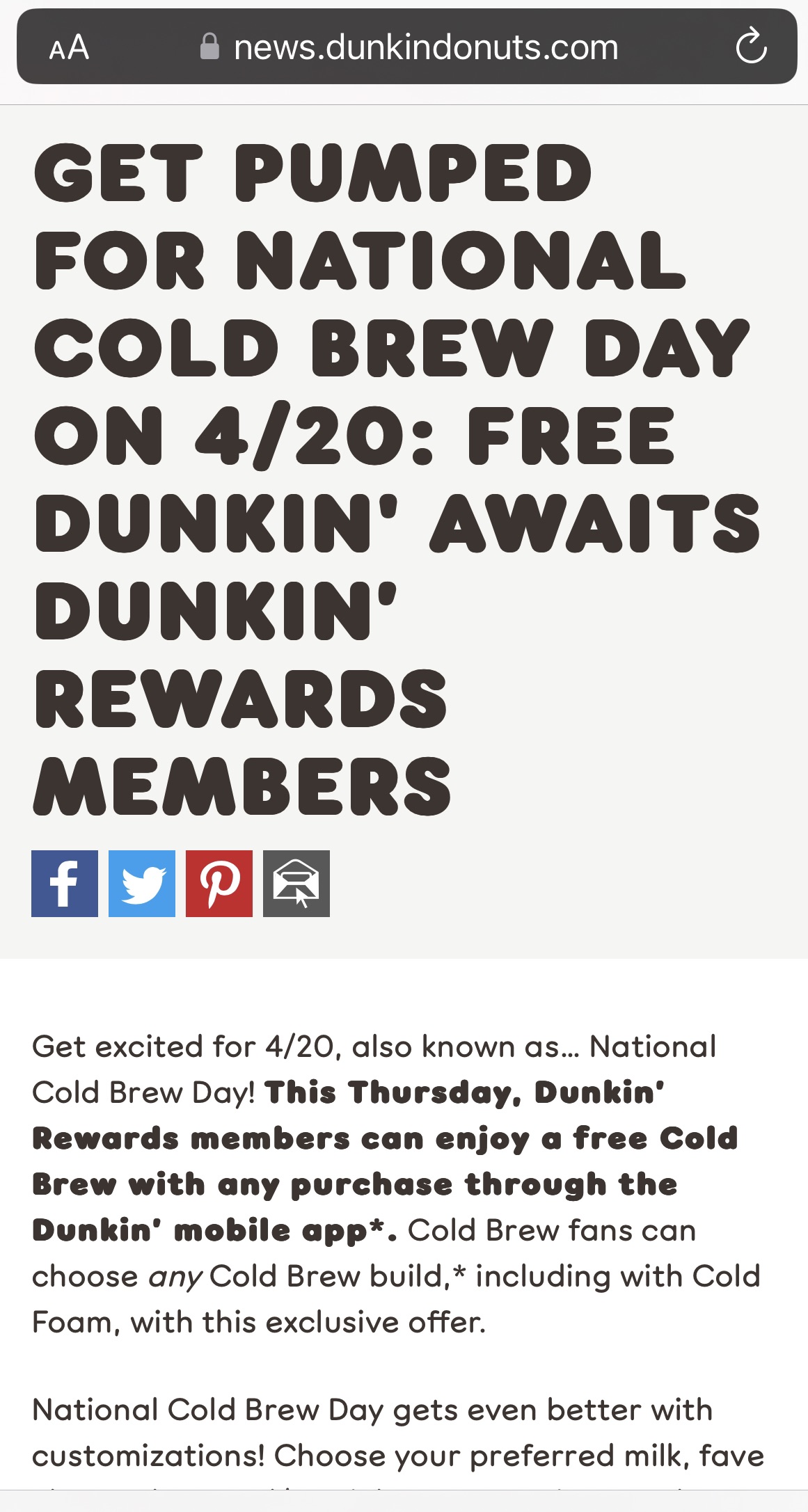 Dunkin 4月20号免费冷萃预告
