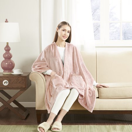 Angel Wrap Wearable Plush Throw Blanket with Satin Trim Pockets, Blush