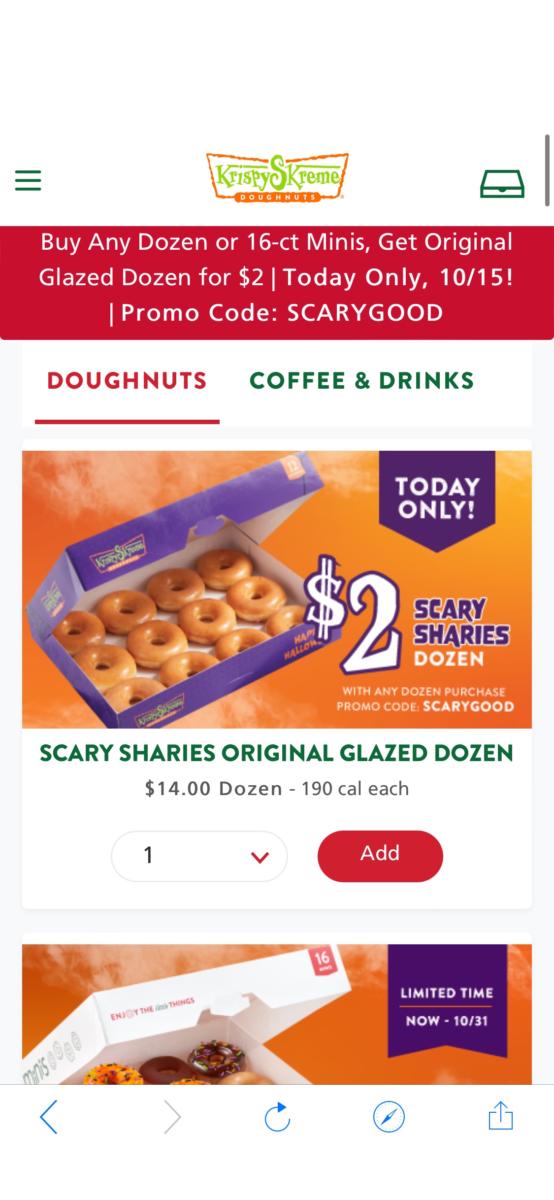 任意买甜甜圈或买16 颗迷你甜甜圈，第二盒原味甜甜圈只需$2，只限今天