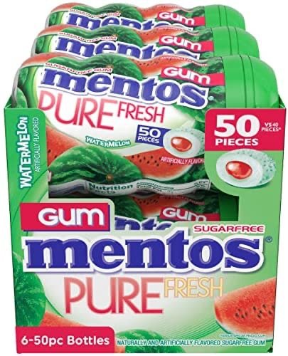 Mentos Pure Fresh Sugar-Free Chewing Gum with Xylitol, Watermelon, Holiday Candy, Bulk, 50 Piece Bottle (Pack of 6)