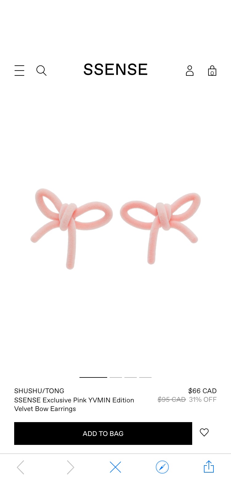 SSENSE Canada Exclusive Pink YVMIN Edition Velvet Bow Earrings by SHUSHU/TONG on Sale