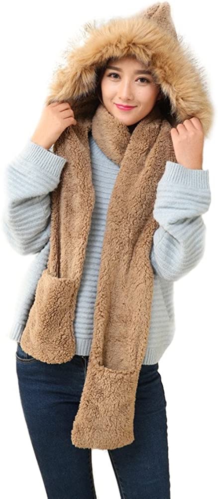Winter Warm Women Siamese Hoodie Gloves Pocket Earflap Hat Long Scarf Shawl Wraps at Amazon Women’s Clothing store
