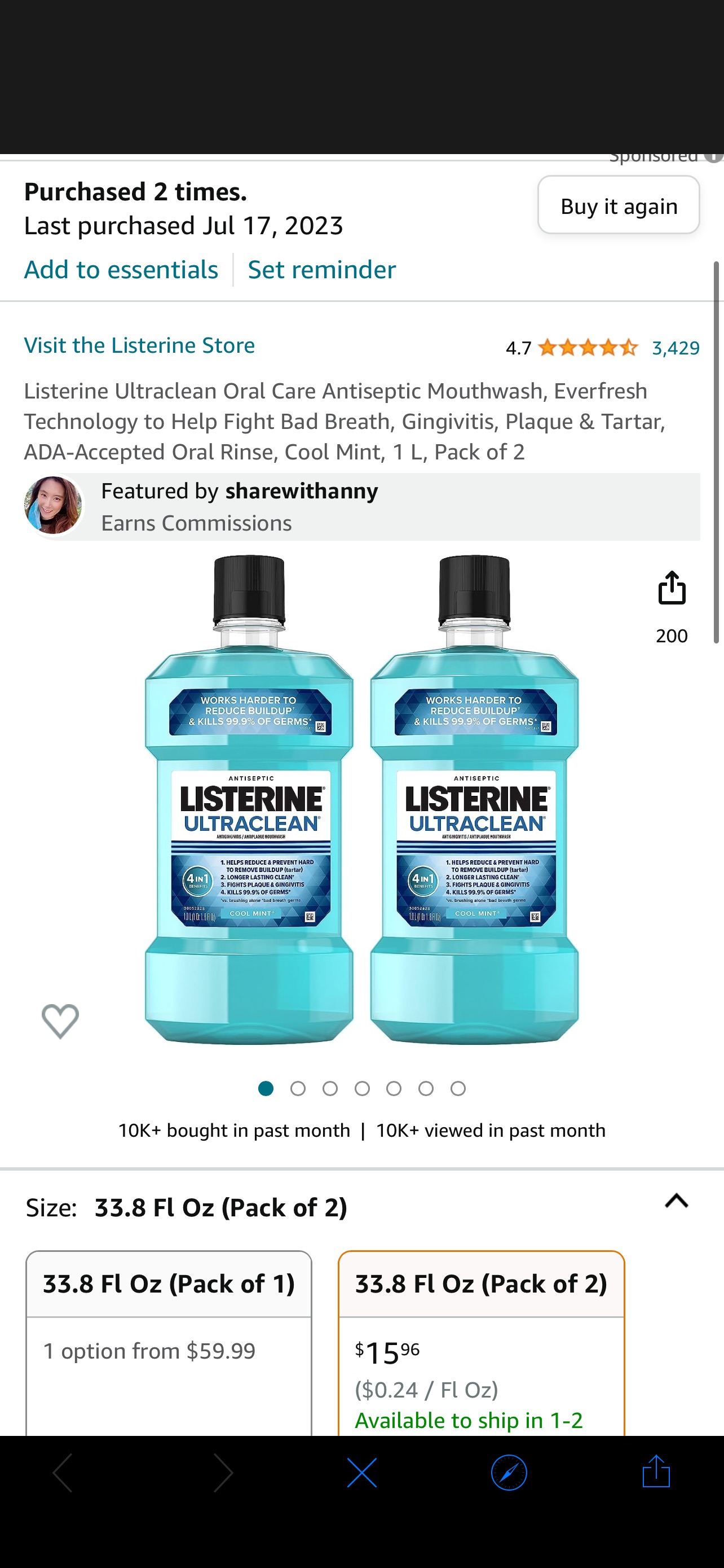 Amazon.com : Listerine Ultraclean Oral Care Antiseptic Mouthwash, Everfresh Technology to Help Fight Bad Breath, Gingivitis, Plaque & Tartar, ADA-Accepted Oral Rinse, Cool Mint, 1 L, Pack of 2 : Healt